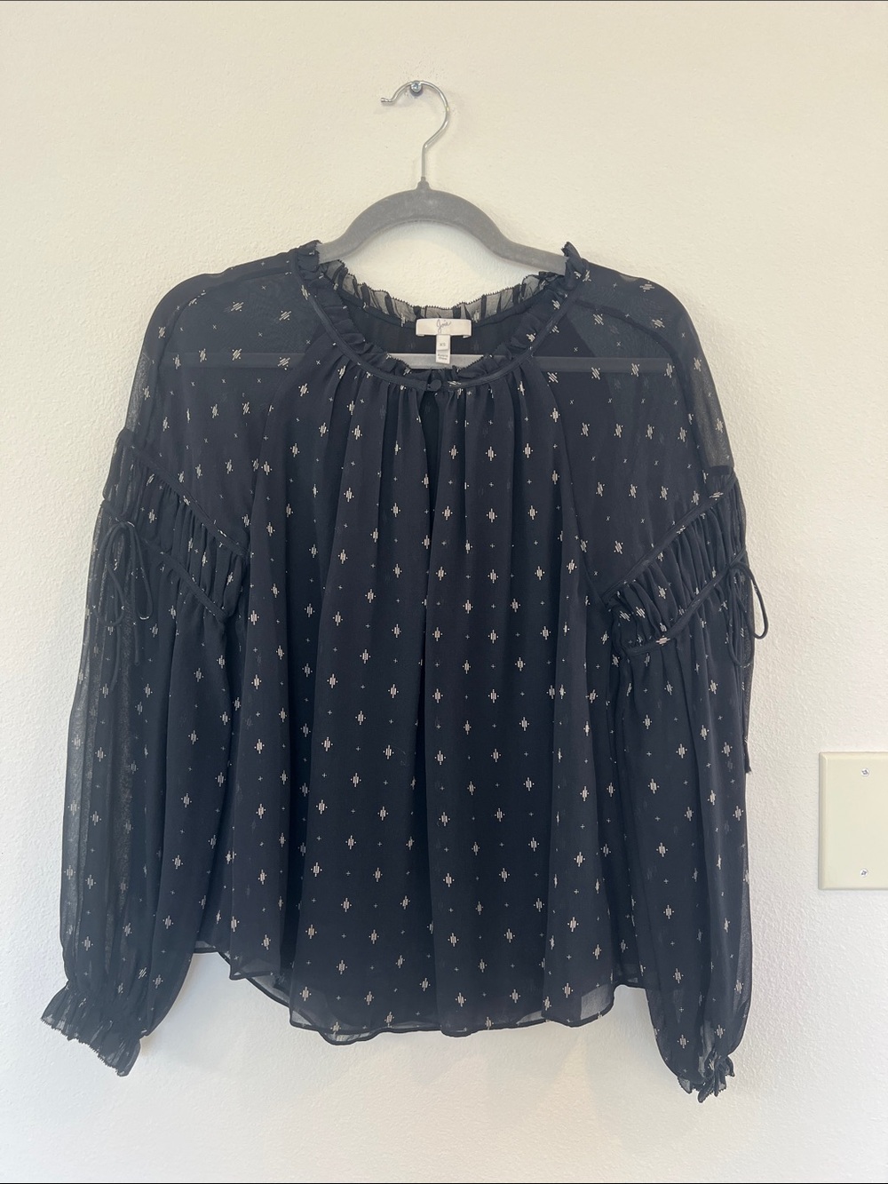 Joie Black Sheer Printed Long-Sleeve Peasant Blouse